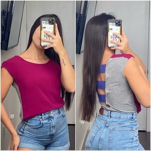 FUCSIA AND GRAY SHORT SLEEVE SHIRT WITH OPEN BACK DETAILS IN PURPLE